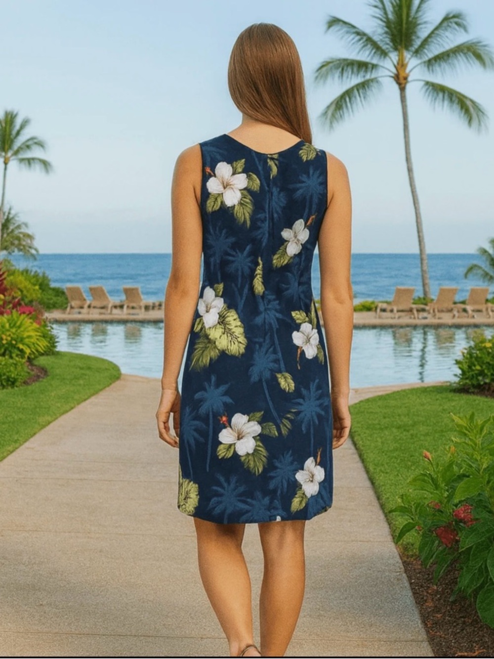 Pacific Legend Apparel Short Sleeveless Navy Hawaiian Dress - Picture 2 of 10